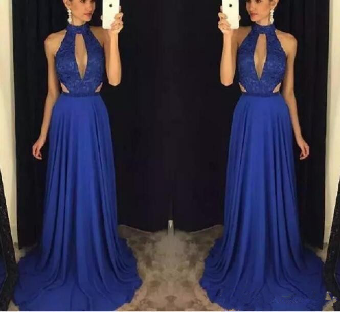 

Royal Blue Chiffon Long Evening Dresses 2018 Halter Lace Top A Line Formal Prom Dress Party Wear Vestidos De Fiesta, Orange