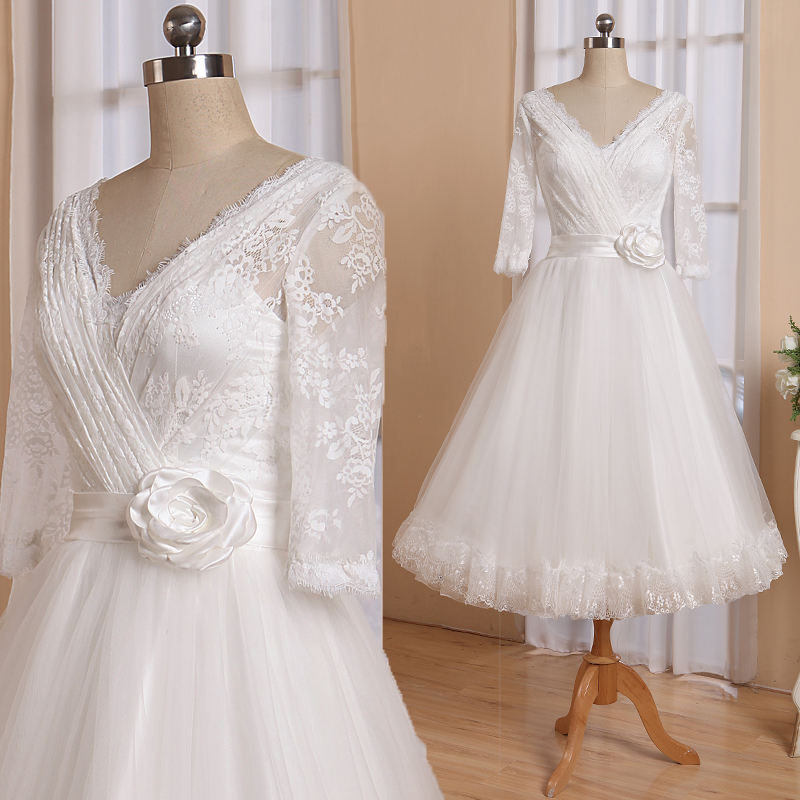 

50s Wedding dress Lace Top Tulle Skirt Lace Scalloped edge at Skirt Hem Tea Length Bridal Gowns V Neck RLL025, White