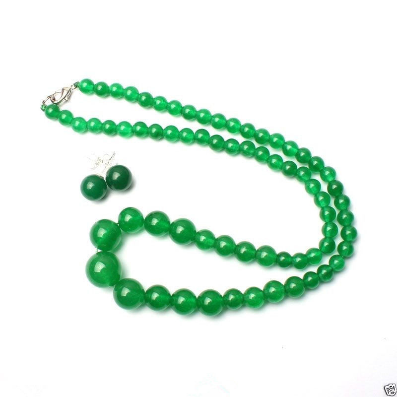 

New 6-14mm Natural Green Jade Round Beads Necklace Earrings Set, Light green
