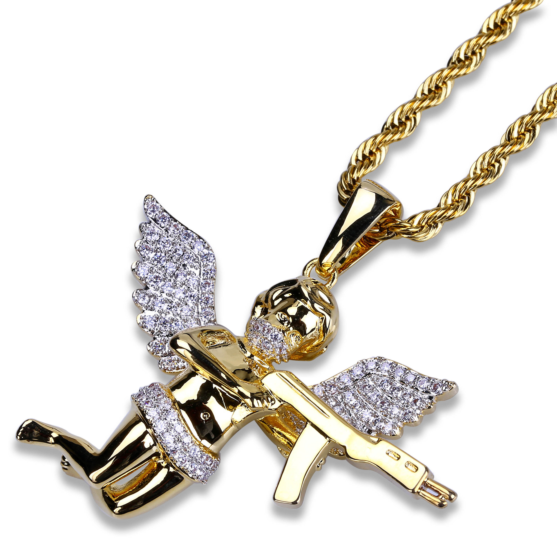 

Hip Hop Copper Gold Silver Color Plated Iced Out Micro Pave CZ Stone Angel Wing Pendant Necklace for Men Women