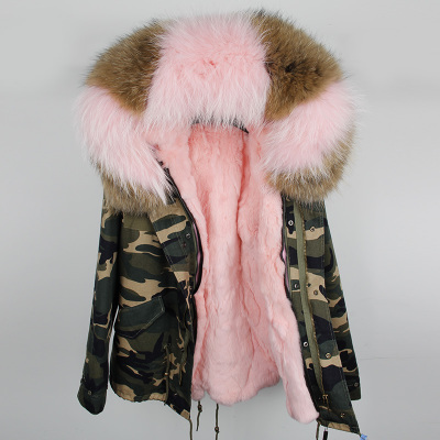 

2018 brown pink raccoon fur trim girl snow coats maomaokong brand pink rabbit fur lining Camouflage shell canvas mini parkas, Choose the model