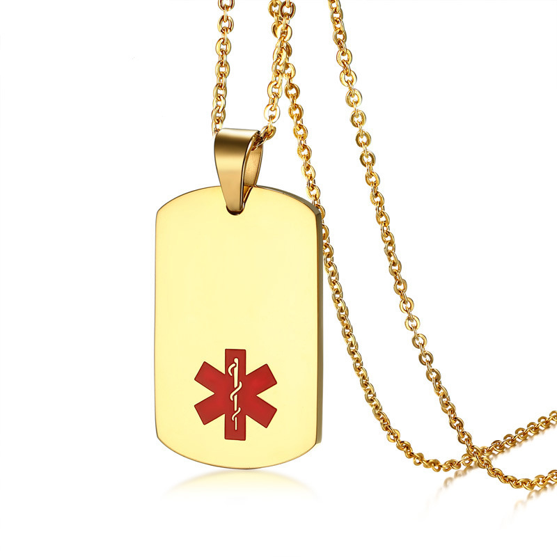 

Rectangle Medical Alert Pendant Necklace for Women Men Stainless Steel Gold Color Dog Tag Necklaces Chain 20"