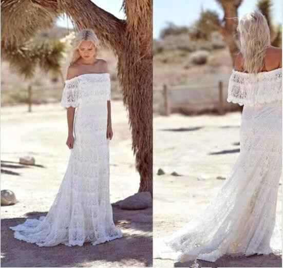 

Off The Shoulder Lace Sheath Bohemia Wedding Dresses Ruffles Sweep Train Summer Beach Country Plus Size Wedding Bridal Gowns BA2935, Gold