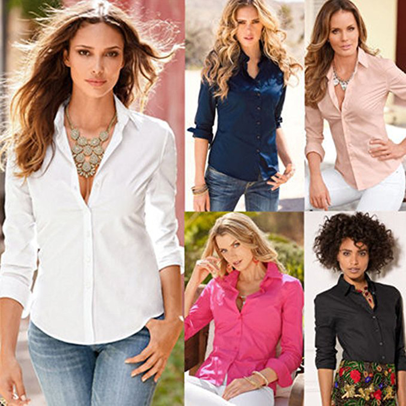 

2018 Hot Sale Women Shirts White Blouses Long Sleeve Turn-Down Collar Solid Ladies Chiffon Blouse Office Tops Button Style Femme, Pink