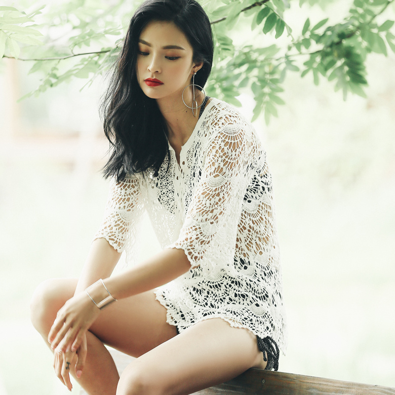 

Summer Women Sexy Mesh Lace Knit Hollow Crochet Beachwear Bikini Cover Up Swimwear Three Piece Set