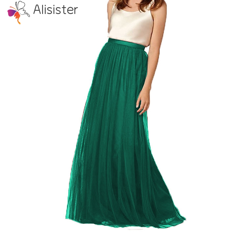 2018 Vintage Tulle Skirts Womens Pink Green White Adult Mesh Chiffon Long Skirts Elastic High Waist Pleated Maxi Skirt Plus Size-image-423328543
