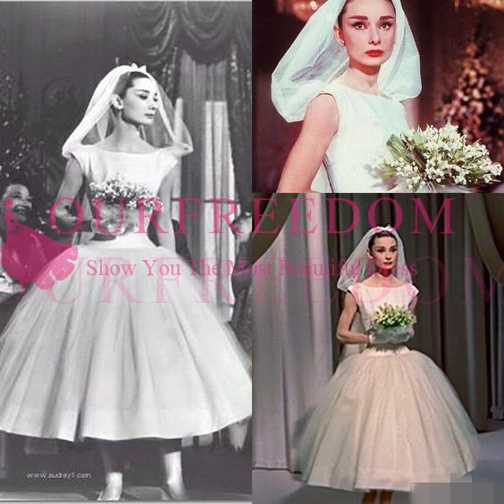 

Audrey Hepburn Retro A Line Wedding Dresses 2019 Bateau Neck Tea Length Puffy Stain Garden Bridal Gown Custom Made, Pink