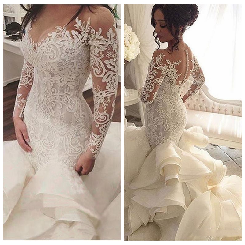 

2018 Sheer Lace Appliques Mermaid Vintage Wedding Dresses Long Sleeves Mermaid Appliques Lace Tulle Bridal Gowns Ruffles Tiered, Black