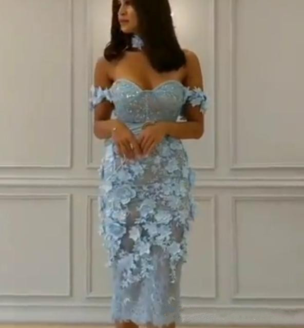 

Tea Length Sheath Prom Dresses Off Shoulder Sequined 3D Floral Appliques Lace Short Evening Gowns, Lilac