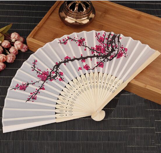 

100pcs/lot cherry blossom silk hand fan wedding favor plum blossom hand folding fan wintersweet Free Shipping