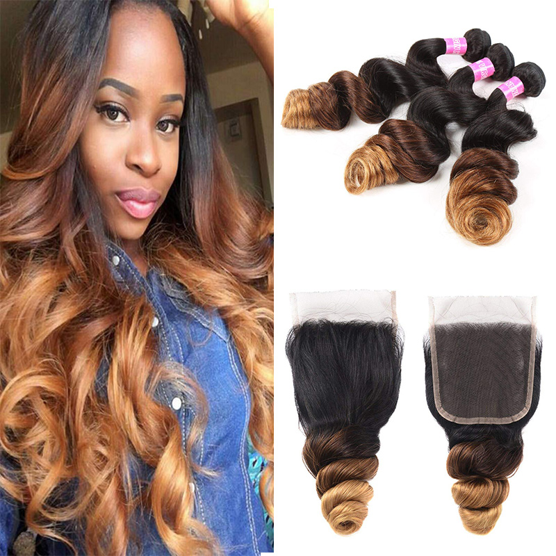 

1B/4/30# Dark Roots Brown Blonde Loose Wave Ombre Human Hair Weave Bundles with Lace Closure Cheap Malaysian Virgin Hair Extensions, Ombre color