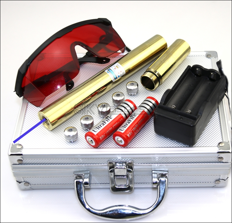 

450nm Adjustable Focus Blue Laser Pointer 10Mile Most Powerful Gold PlatedWith 5 star caps 2x18650 bettery charger glasses aluminum box BX5