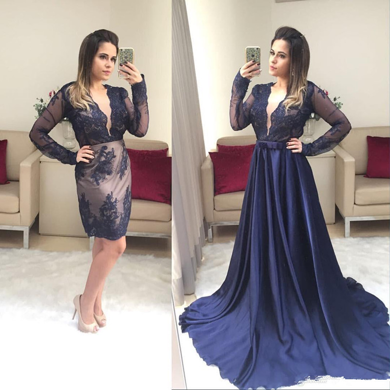 

Dark Navy Lace Prom Dresses 2018 Sexy Deep V Neck Long Sleeves Evening Dress Appliques Sheath Party Pageant Gowns With Detachable Train, Dark red