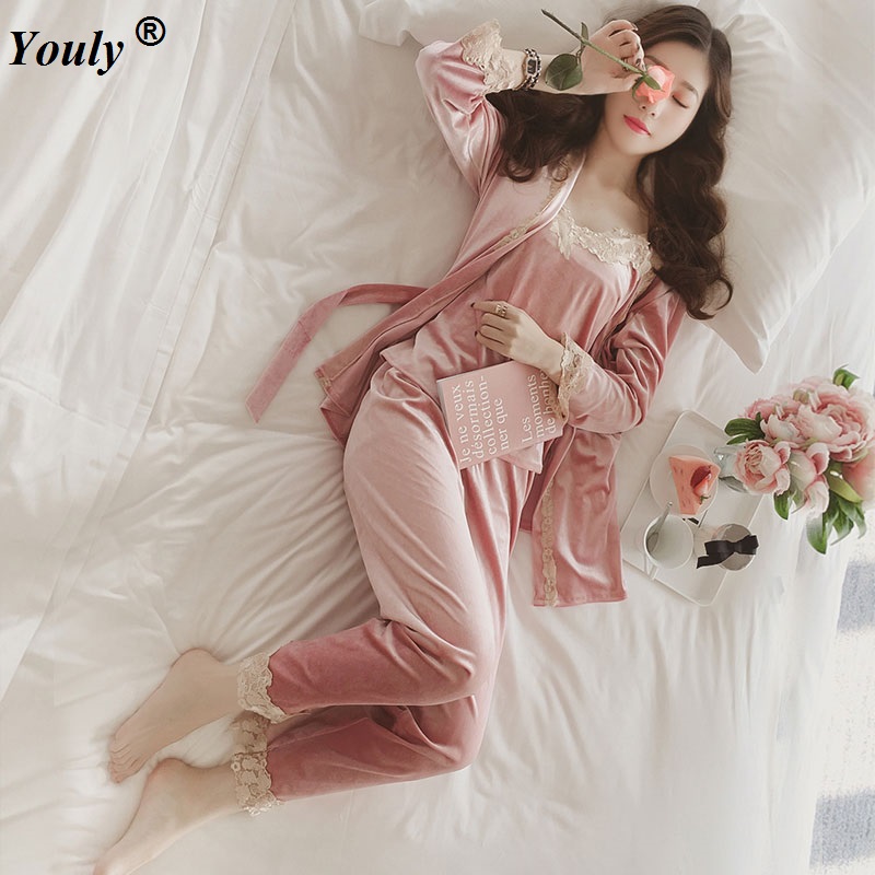 

Wholesale-2017 brand autumn winter female 3 pieces pajamas sets women lace floral velvet Flannel Sleepwea bathrobe pyjamas sets Pants, Dark blue
