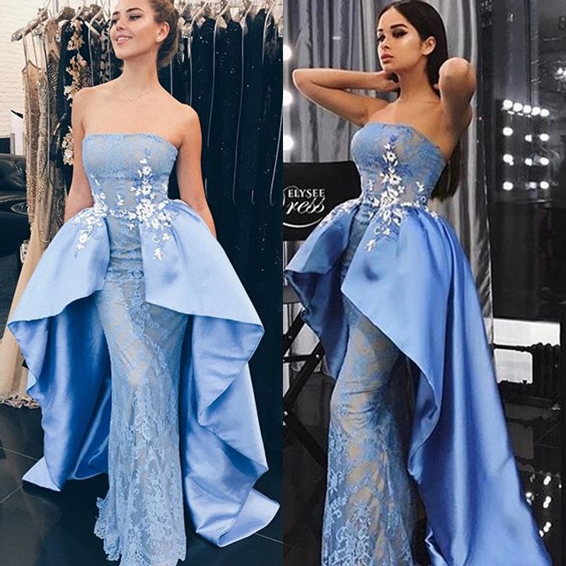 

Saudi Arabia Sky-Blue Prom Dresses With Satin Overskirt Fashion Strapless Applique Lace Mermaid Party Dress Glamorous Sexy Evening Dresses, Ivory