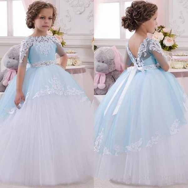 

Gorgeous Blue Mermaid Flower Girls Dresses Lace Long Sleeves Tired Tulle Pageant Gowns for Little Girl Children Party Dresses, White;blue