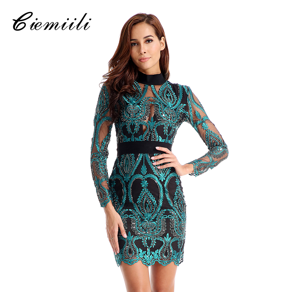 

CIEMIILI New Bandage Dress Sexy Mesh Women Lace Party O Neck Full Sleeves Summer Dresses 2018 Fashion Clothes Bodycon Vestidos, Gold