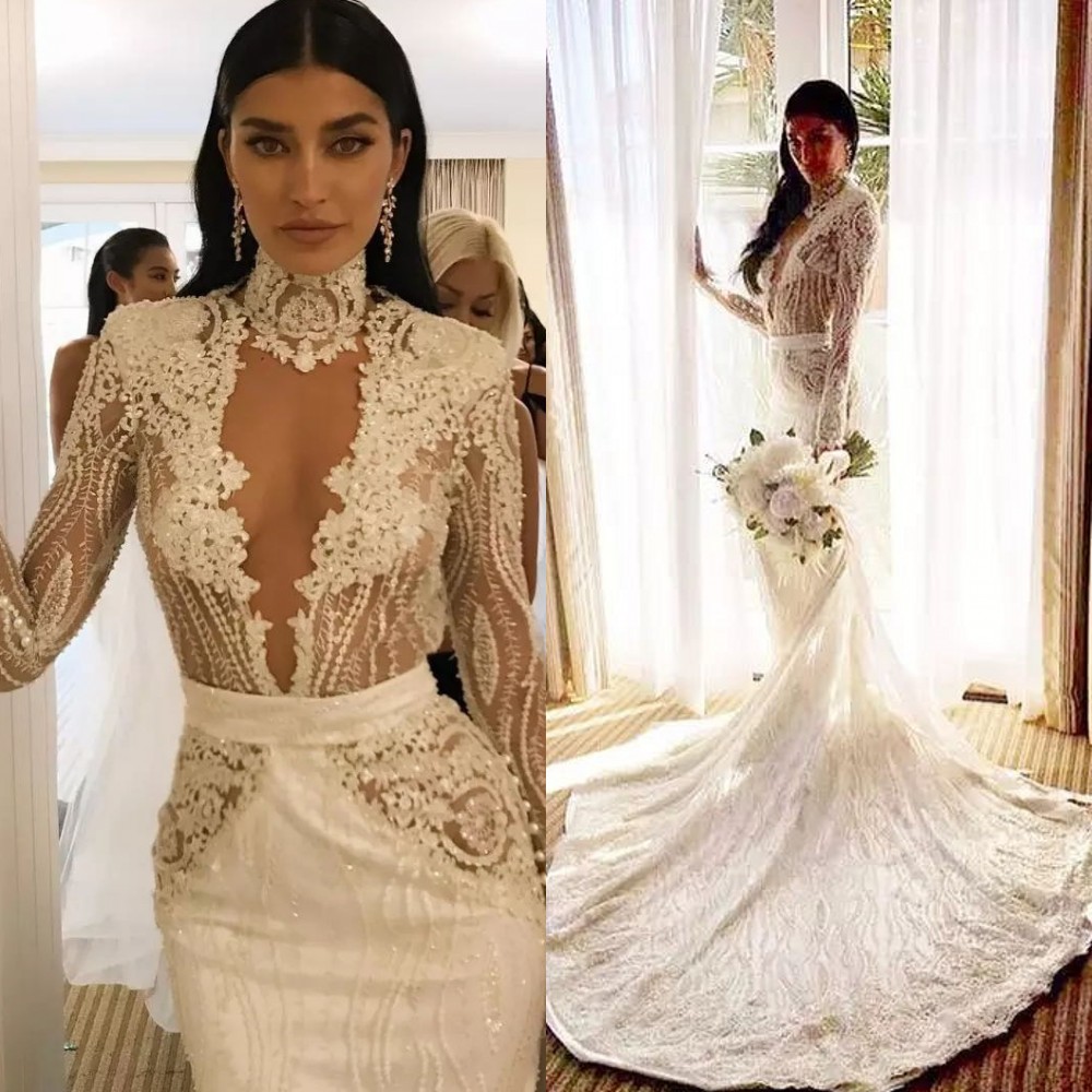 

High Neck Mermaid Wedding Dresses 2018 Brand New Fashion Long Sleeves Pearls Appliques Bridal Dresses Sexy Backless Lace Long Wedding Gown, Gold