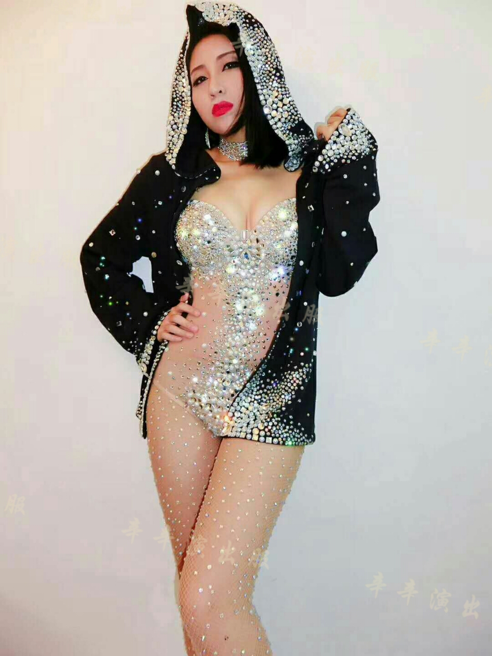 

Ds Dress Sexy Rhinestone Leotard Black Jacket Women Nightclub Dance Wear Bodysuit Outerwear Prom Celebrate Outfit Performance Dress
