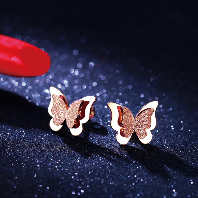 

Rose Gold Color Frosted Butterfly Stud Earring for Woman Girl 316L Stainless Steel Fashion Jewelry Never Fade