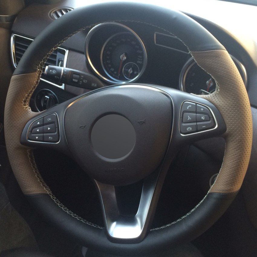 Black Brown Genuine Leather DIY Hand-stitched Car Steering Wheel Cover for Mercedes-Benz C180 C200 C260 C300 B200-image-429801320