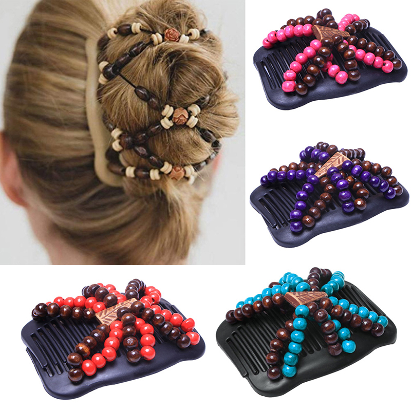 Magic Slide Elastic Double Beads Easy Stretchy Hair Comb Clips Pins For Womens