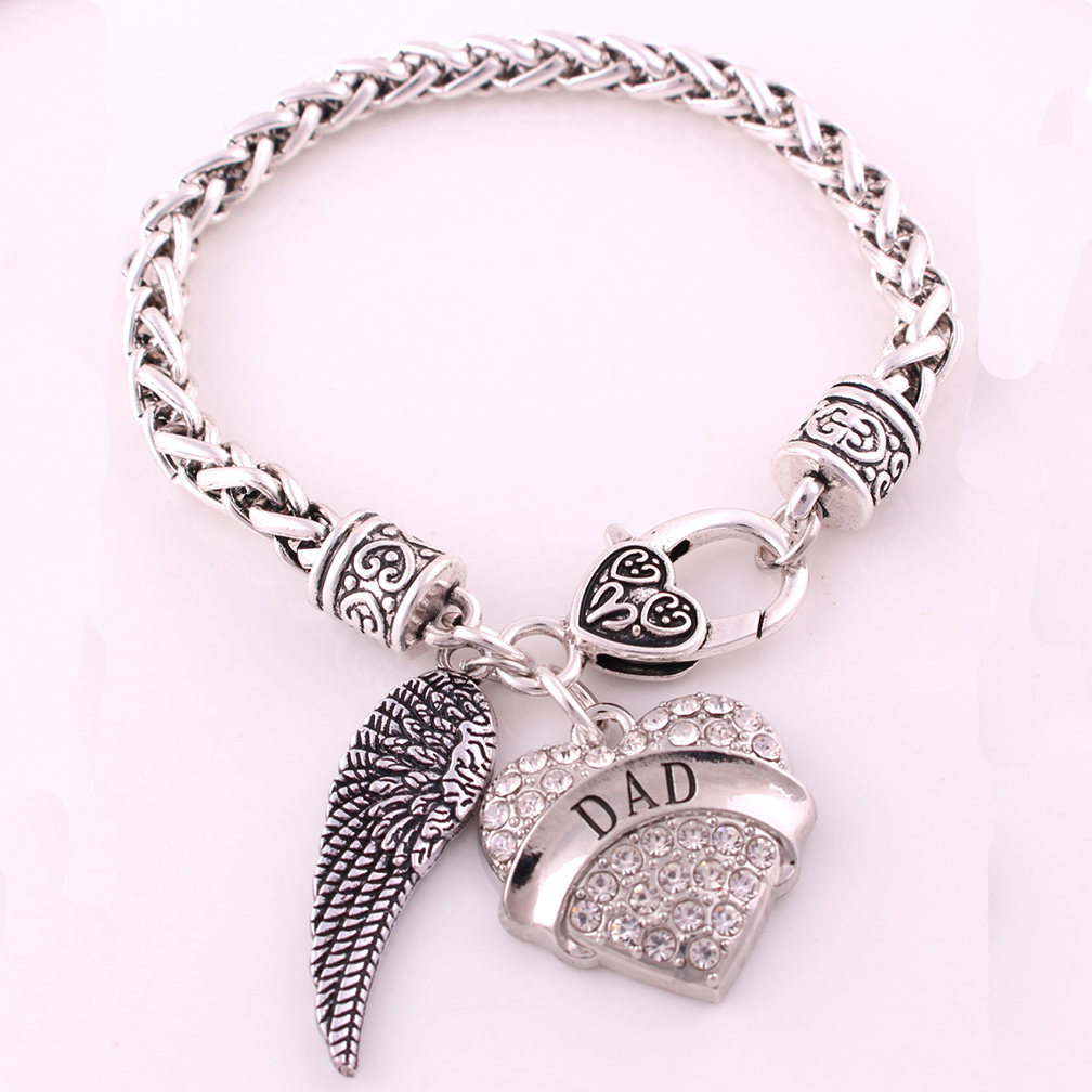 

Female Jewelry Bracelet DAD Written Archangel Wing And Heart Pendant With Crystals Good Gift Wheat Chain Dropshipping, Golden;silver