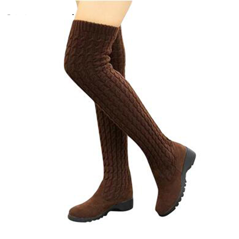 Fashion Knitted Women Knee High Boots Elastic Slim Autumn Winter Warm Long Thigh High Boots Woman Shoes Size