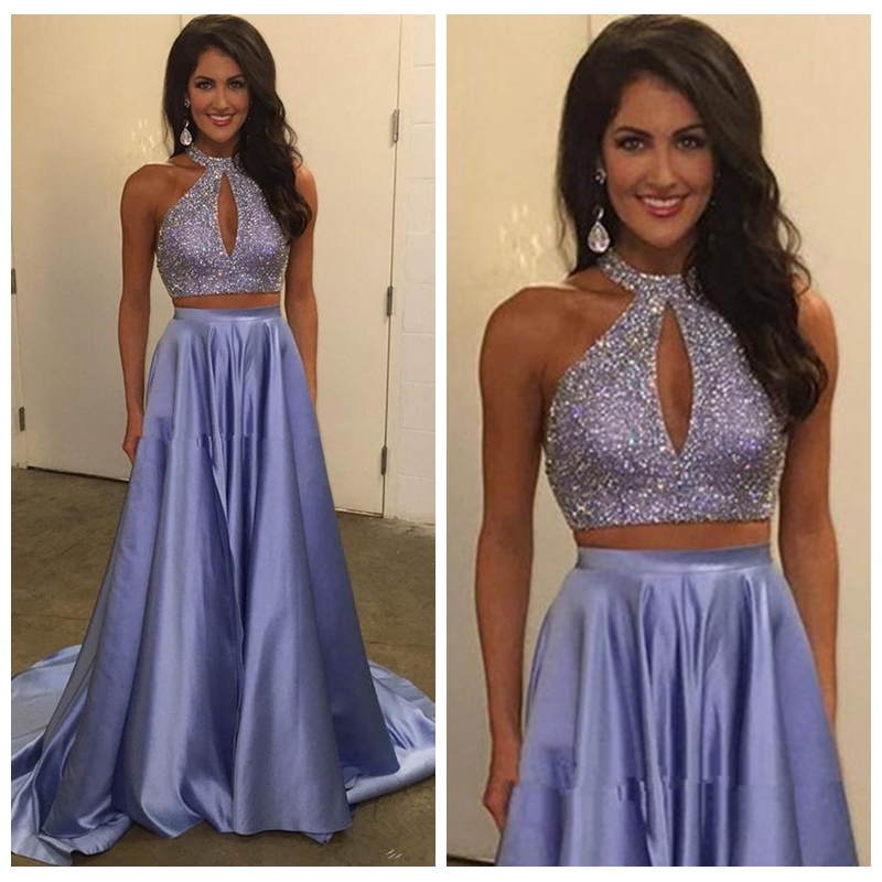 

2018 Chic Two Pieces Lavender Prom Dresses Long A Line Halter Sparkly Beads Formal Evening Gowns Sexy Party Dress, Brown