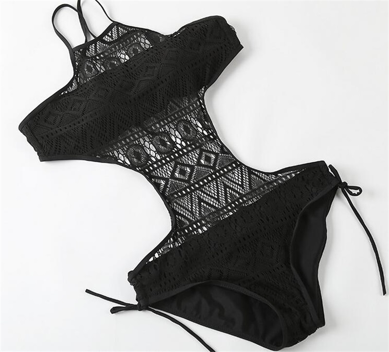 

halter one pieces swimsuit women sexy swimwear female hollow monokini black bathing suit padded swimming suit solid bodysuit