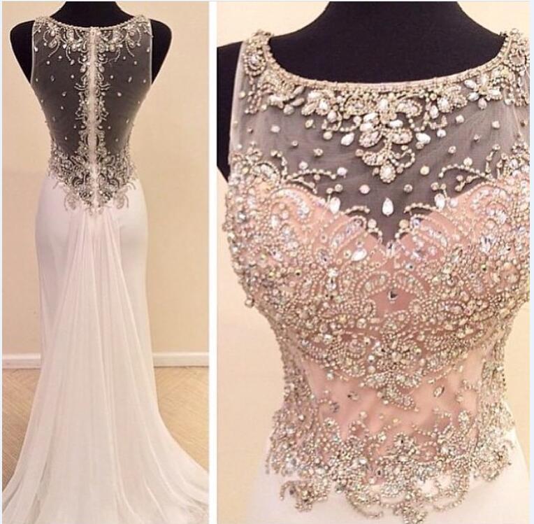 

Sparkling Prom Dresses Chiffon with Crystal Beads Zipper Back Ivory Evening Dresses with Nude Lining Mermaid prom dresses, Same as picture