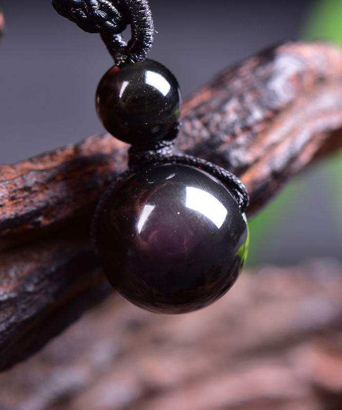 

Black Obsidian Rainbow Eye Beads Ball Natural Stone Pendant Transfer Good Luck Love Crystal Jewelry Free Rope For Women and Men
