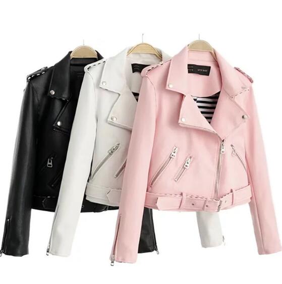 

Spring autumn new women's autumn lapel short motorcycle leather jacket female zipper jackets coat, White