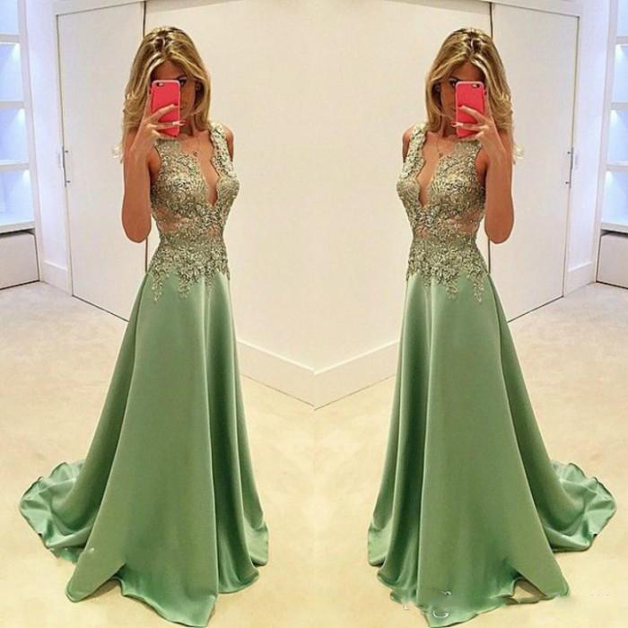 

Deep V Neck Lime Prom Dresses Satin Lace Applique Long Formal Special Occasion Dress Evening Wear Party Gown Plus Size, Dark green