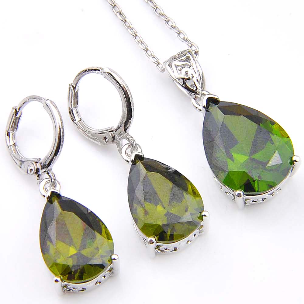 

Luckyshine 5 Sets Holiday Gift Drop Fire Olive Peridot Crystal Cubic Zirconia 925 Silver Pendants Necklaces Earrings Wedding Jewelry Sets, Olive green