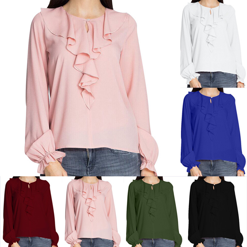 Women Chiffon Blouse Shirts Solid Ruffle Pleated Button Summer Autumn O Neck Long Sleeve Casual Plus Size S- 5XL European Fashion Tops