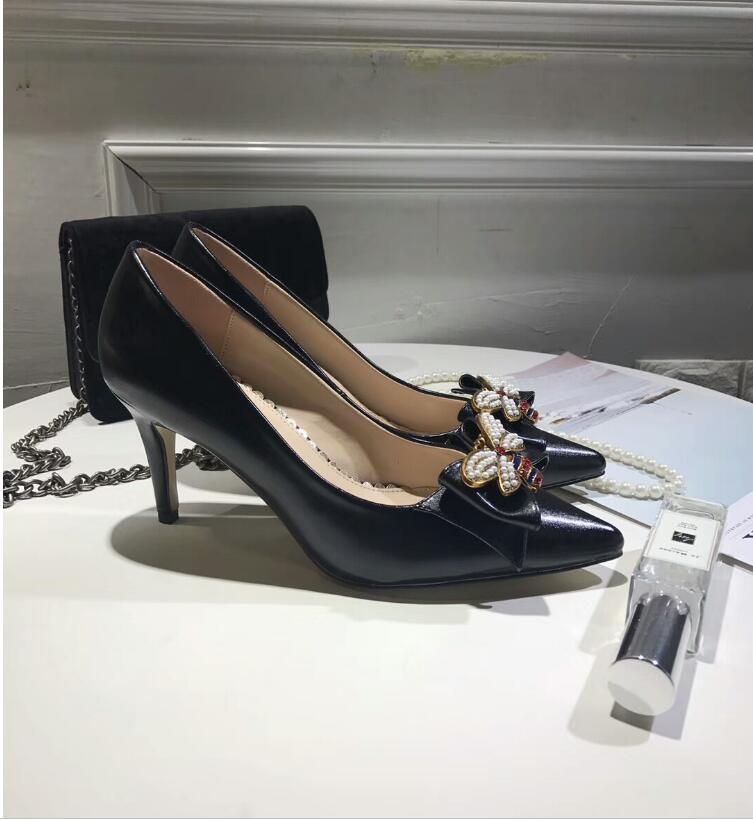 

Brand Women Leather mid-heel pump with bow with metal bee Point toe Red White and Black Color 70MM and 50MM Heel Women Wedding Pump Shoes