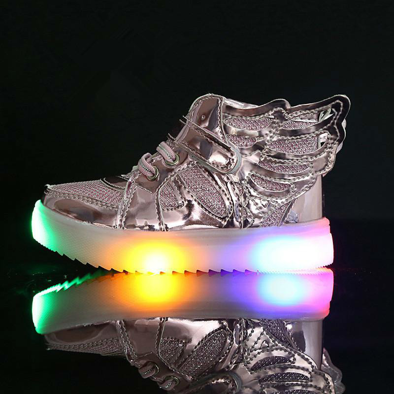 

EU21-36 Children Shoes With Light New Fashion Glowing Sneakers Boys Little Girls Shoes Wings Canvas Flats Spring Kids Light Up Shoes, Gold