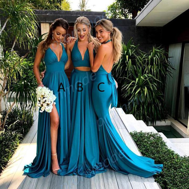 

Fabulous Chiffon teal Blue Two Piece Split V-neck Bridesmaid Dress Formal Evening Dresses Custom Made Wedding Guest Gowns