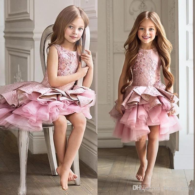 

Tulle Flower Girls Dresses New Embroidery Appliques Short Sleeves Sheer Neck Ball Gown Girls Pageant Gowns, Pink