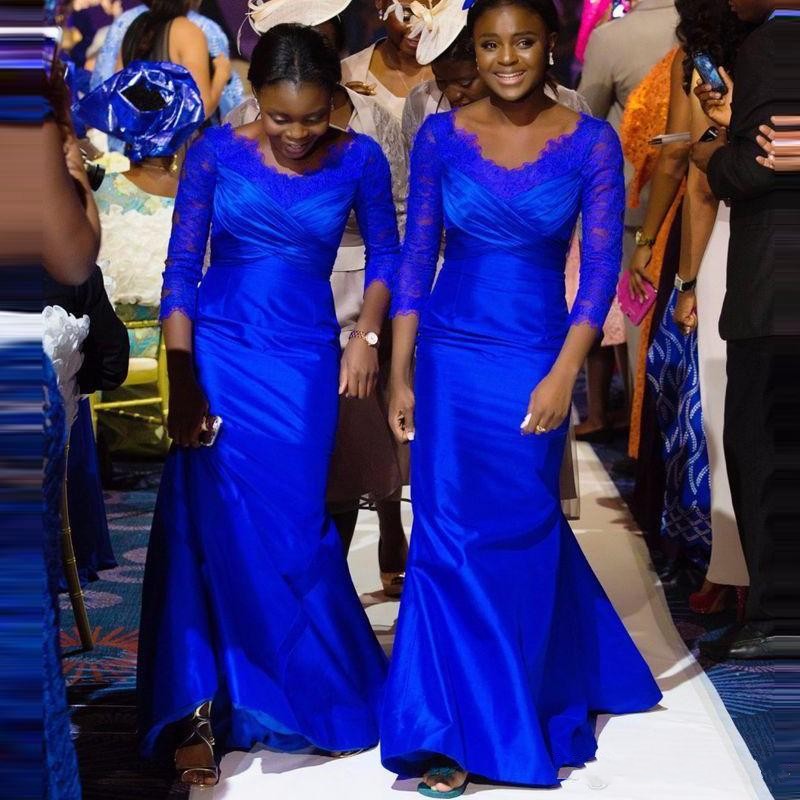 2018 Royal Blue Long Bridesmaid Dresses V Neck Satin Lace Appliques 3/4 Sleeves Wedding Guest Dress Plus Size Maid Of Honor Gowns