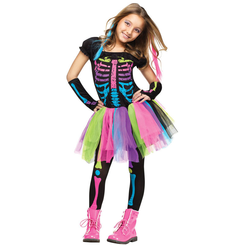 

Children's Halloween Skeleton beauty performance dress children rainbow skeleton skirt seven color children's dress, Colorful
