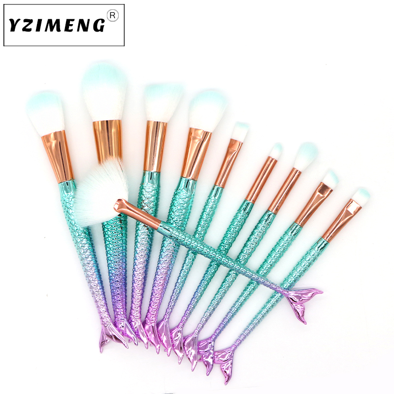 

10 PCS Mermaid Brush Foundation Powder Blush Makeup Brushes Set Mermaid Fish Brush Pincel Maquiagem Make up Kit Brochas Maquillaje