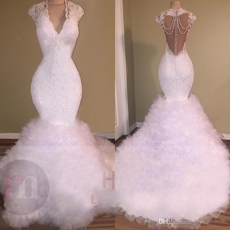 

New White Sexy V Neck Prom Dresses Mermaid 2018 Lace Appliques Beaded Crystal Backless Sweep Train Tulle Puffy Tiered Prom Evening Gowns, Same as image