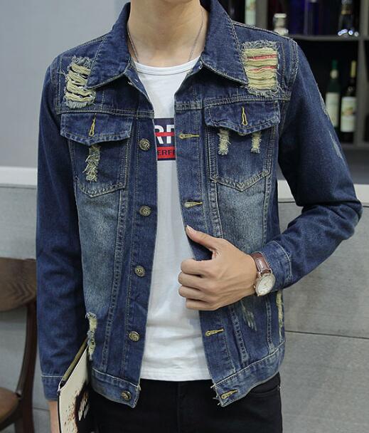 Printemps Automne Nouvelle Europe États-Unis mode hommes trou denim vêtements denim slim revers vestes manteau