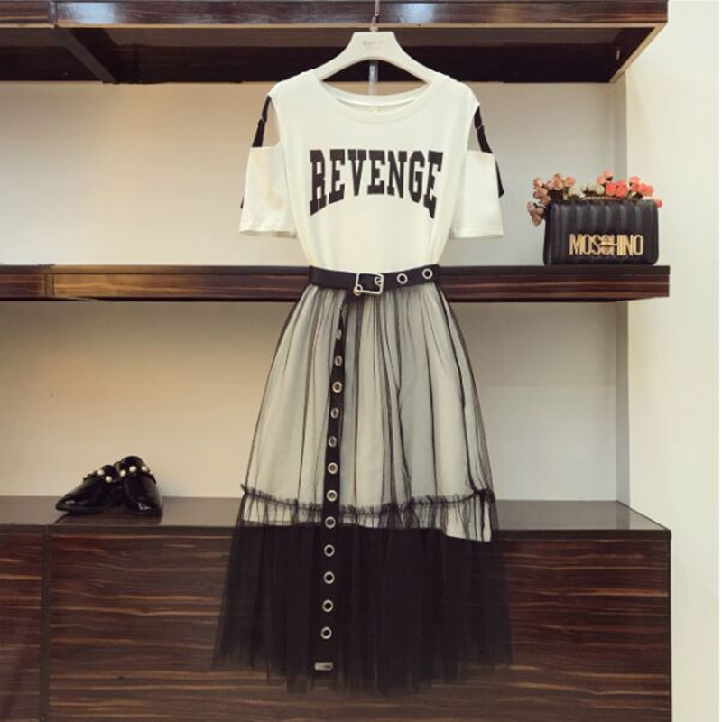 2018 Summer Women Gauze Jupe Jeunes Ensembles de deux pièces Ensemble Longue Design Off Opan T-shirt T-shirt Gauze Jupe Étudiants Tenues de vacan