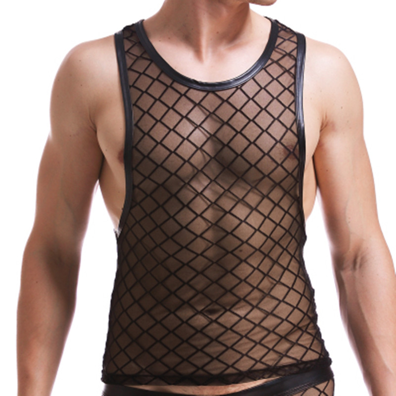 

New men sexy Black Plaid Fishnet Tank Tops Gay bar Mesh Performance shirt Fitness vest Mesh transparent undershirts size XXL free shiping