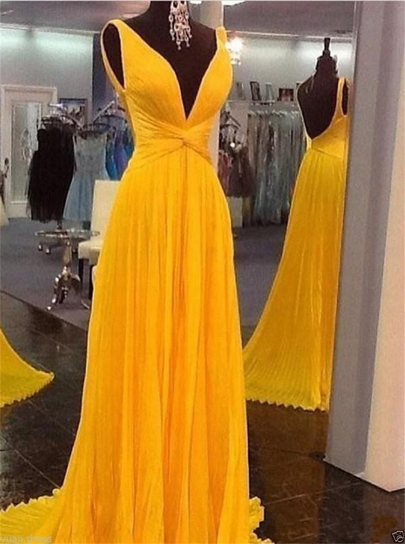 Yellow V Neck Ruffle Pageant Evening Dresses Women's Chiffon Bridal Gown Special Occasion Prom Bridesmaid Party Dress