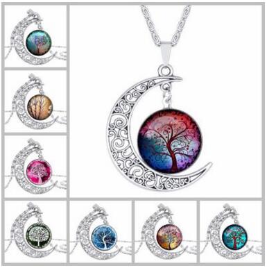 

Tree of Life Necklace Gemstone Moon Glass Cabochon Necklace Pendant Silver Chain Fashion Time Gemstone Sweater Chain 30 pcs