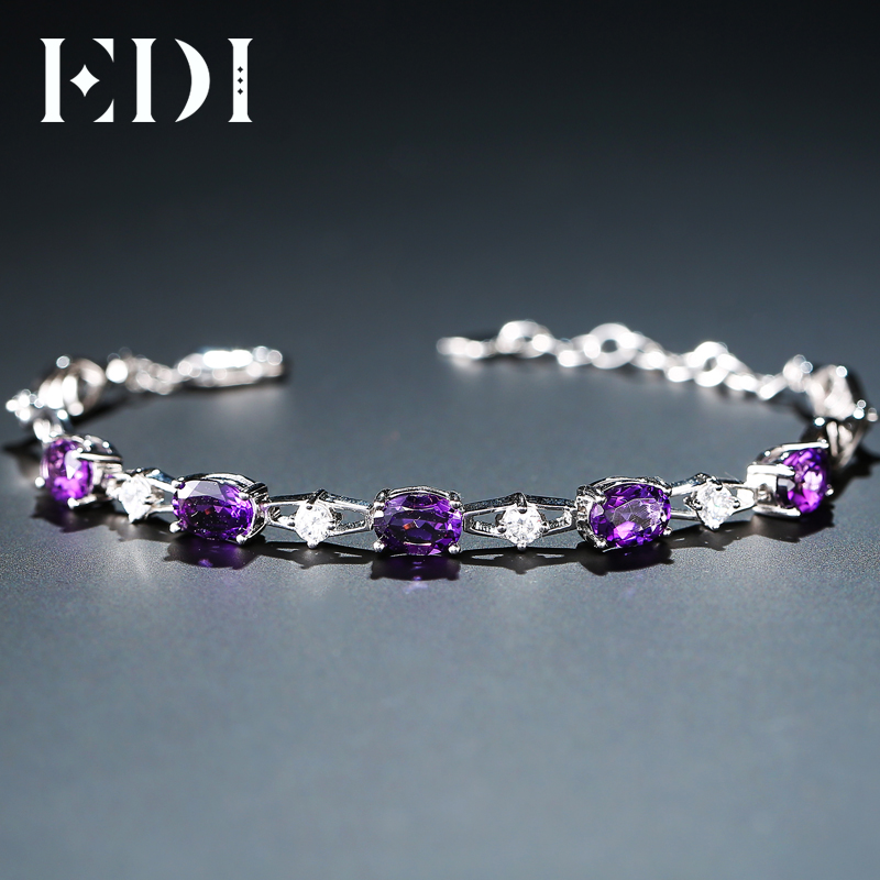 EDI Mode Cinq Pierre Améthyste Bracelet Femmes 925 En Argent Sterling Bracelets Bijoux Avec Ovale Cut Violet Cristal Fille Cadeau